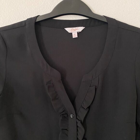 Candies Black Blouse Womens Ruffle Long‎ sleeve Button Front Size XS - Picture 4 of 9